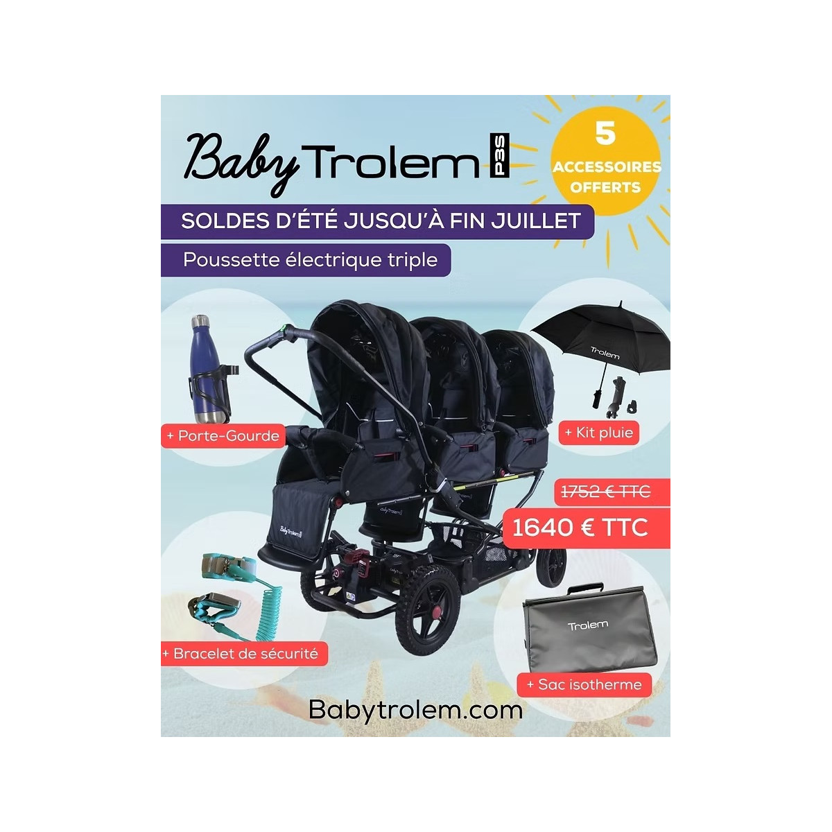 Poussette triple électrique BABYTROLEM P3S: 2 ou 3  places.